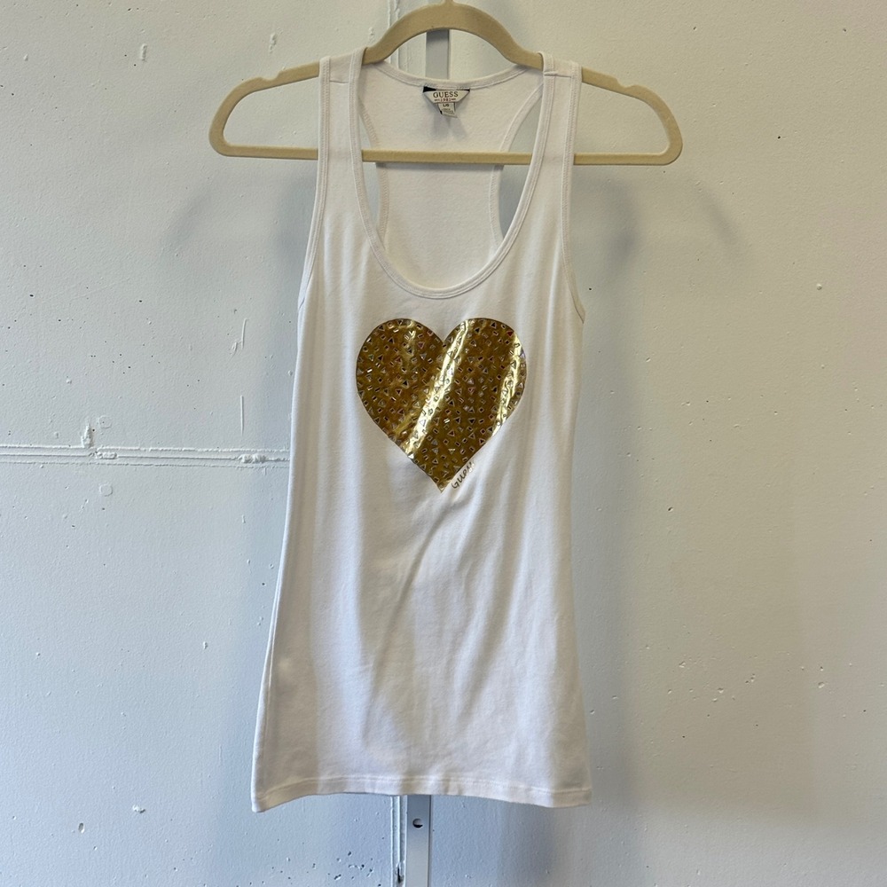 Guess White Gold Metallic Heart Studded Racerback Tank Top Large Embellished